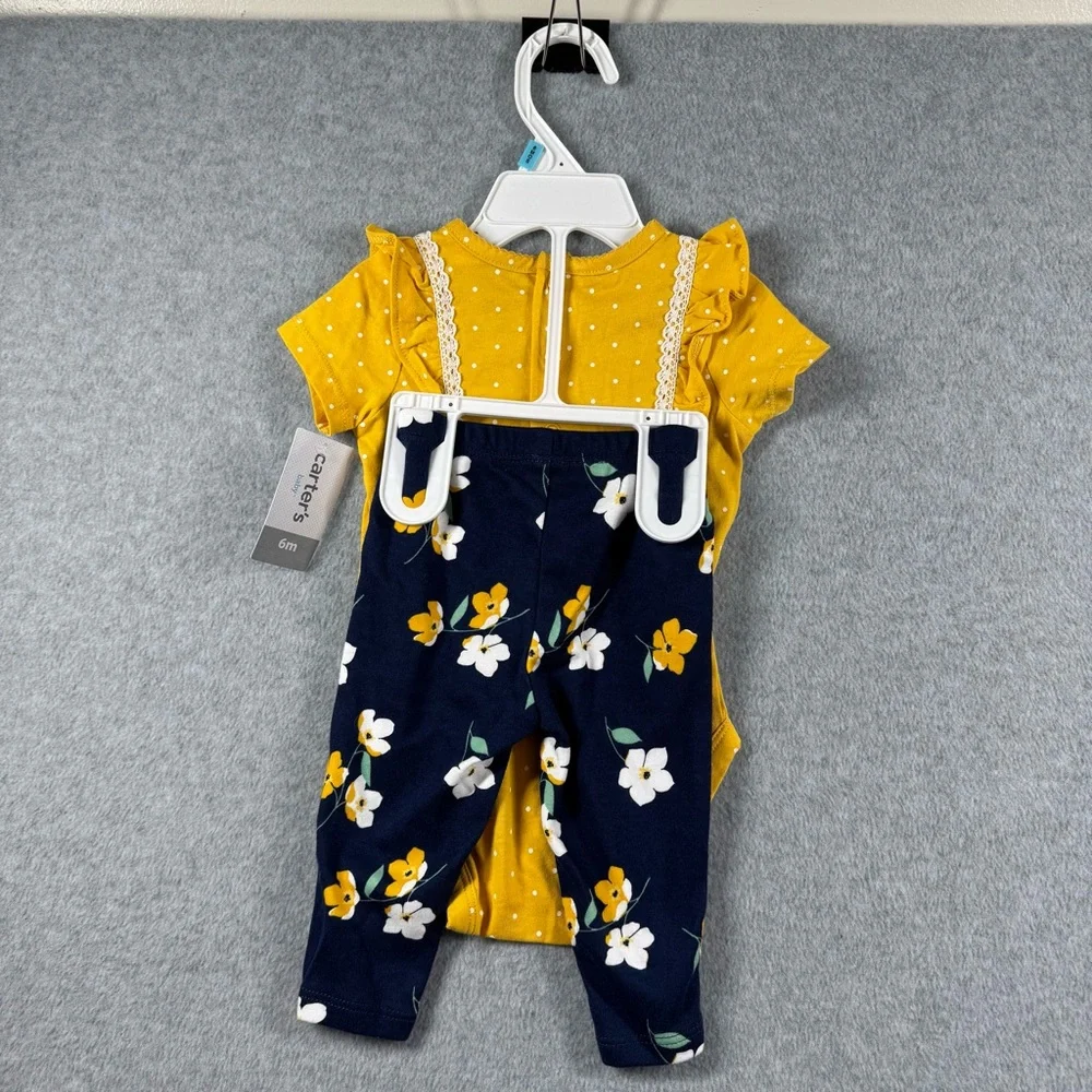 NWT Carter's Baby Girl's Bodysuit Yellow Polka Dot‎ Navy Floral Pants 6M Bundle